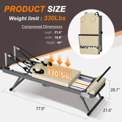 Pilates Reformer Machine For Home Gym Workout, Foldable Pilates Equipment With High Strength Alloy Springs For Beginners, Up To 330lbs